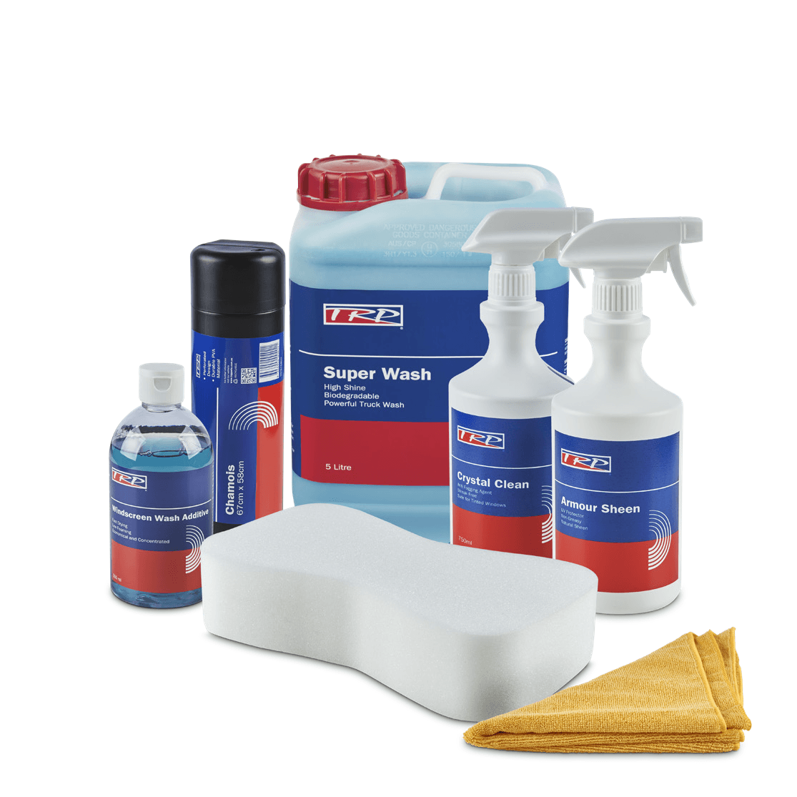 A set of vehicle cleaning products, including spray bottles, a large blue wash container, an aerosol can, a plastic bottle, a white sponge, and two yellow microfiber cloths, all with matching blue and red TRP labels.