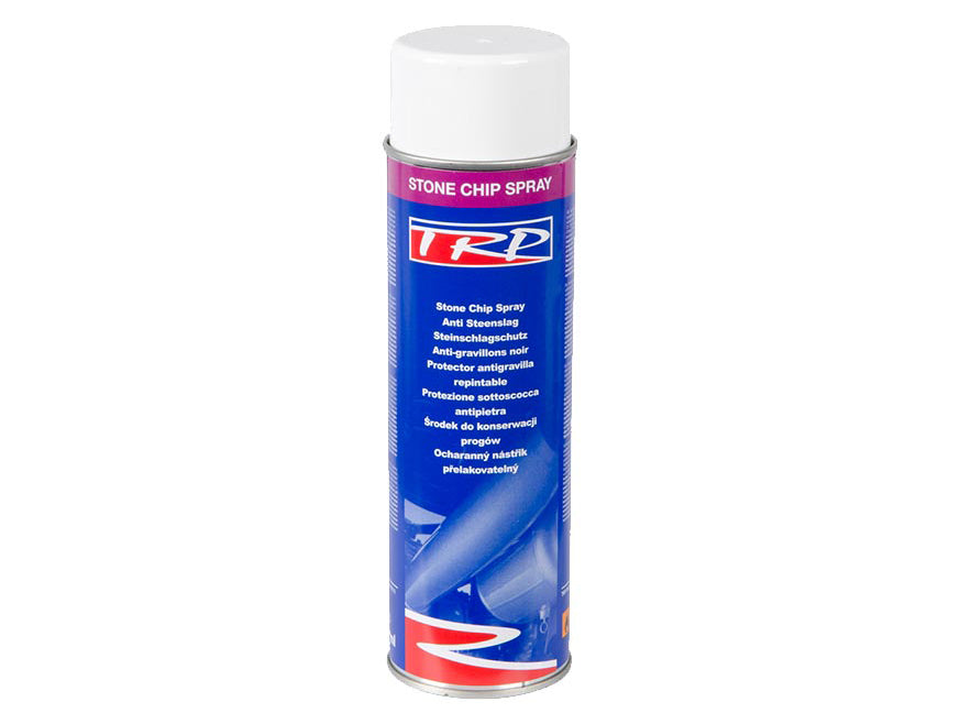 TRP Stone Chip Spray is a tall aerosol can with a white cap and blue, red, and white design. It protects vehicle surfaces from stone chips and damage with a durable, over-paintable coating.