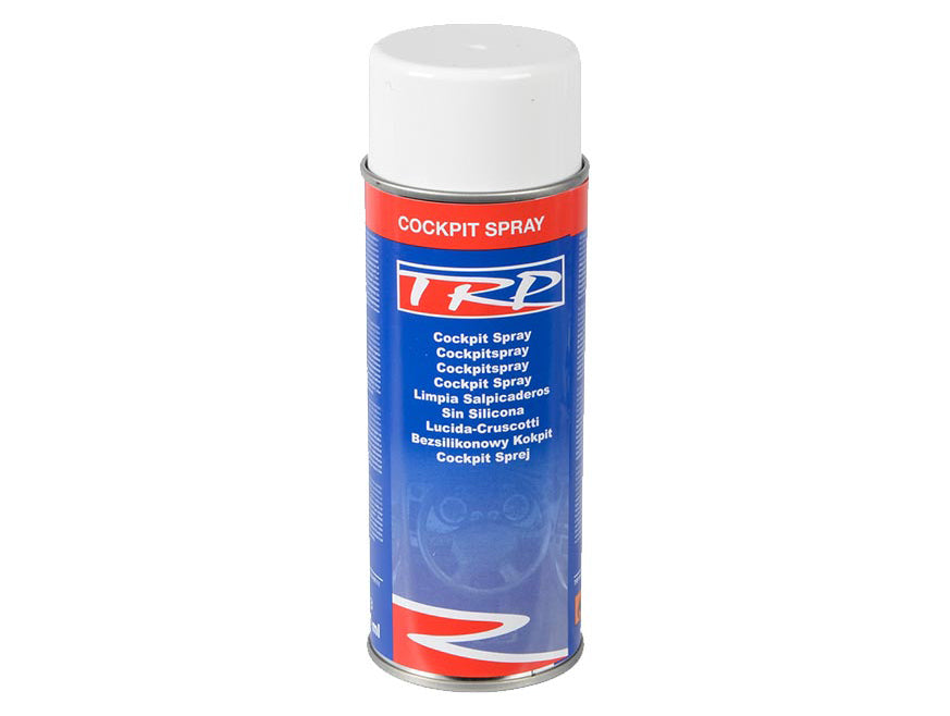TRP Cockpit Spray, with a blue, red, and white label and white cap, cleans and maintains vehicle dashboards and interiors, offering excellent plastic care and a dirt-repellent protective finish.