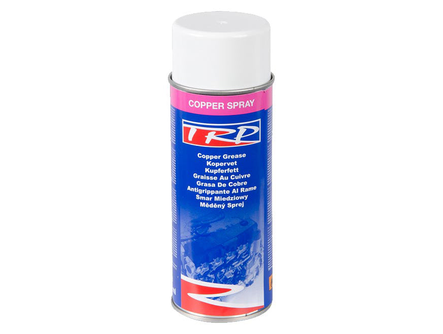 The TRP Copper Spray comes in a blue and pink aerosol can with a white cap, featuring multilingual info describing it as copper grease for corrosion protection of high-load vehicle parts. Detailed product information is shown on the front.