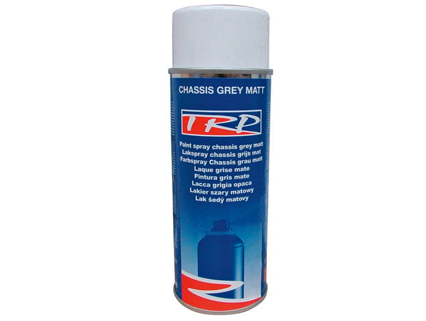 A can of TRP Matt Grey Paint with a blue and red label and white cap, featuring multilingual text describing it as a fast-drying matte grey chassis spray paint.