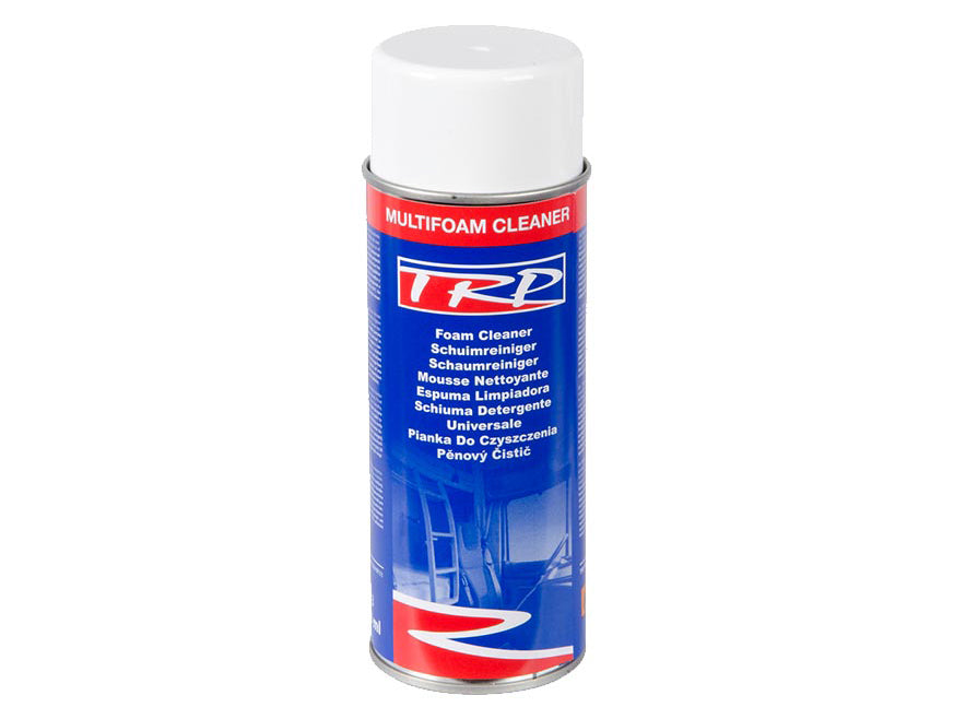 A can of TRP Multi Foam Cleaner with a white cap and a blue and red label showing product info and instructions in multiple languages—an effective surface cleaner and grease remover.