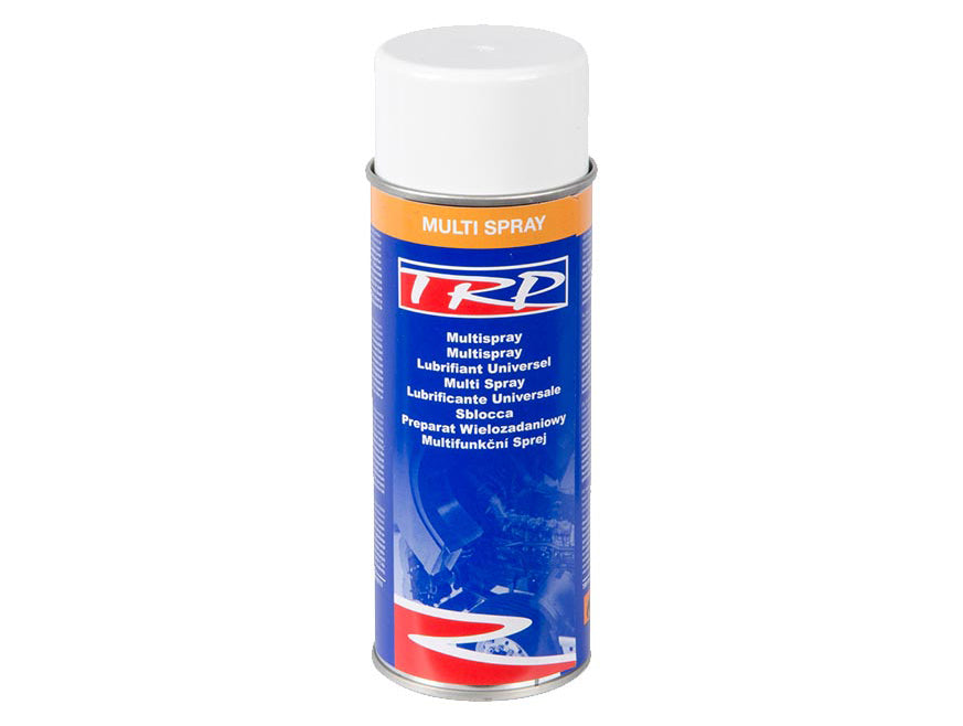 A blue and orange spray can labeled TRP Multi Spray features a white cap, red-white-blue design at the bottom, and multilingual text describing it as a universal lubricant for cleaning and lubrication.