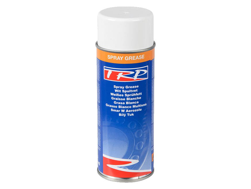 Aerosol can of TRP Spray Grease with a white cap and blue-orange label, displaying multilingual product details, provides reliable lubrication and wear protection.