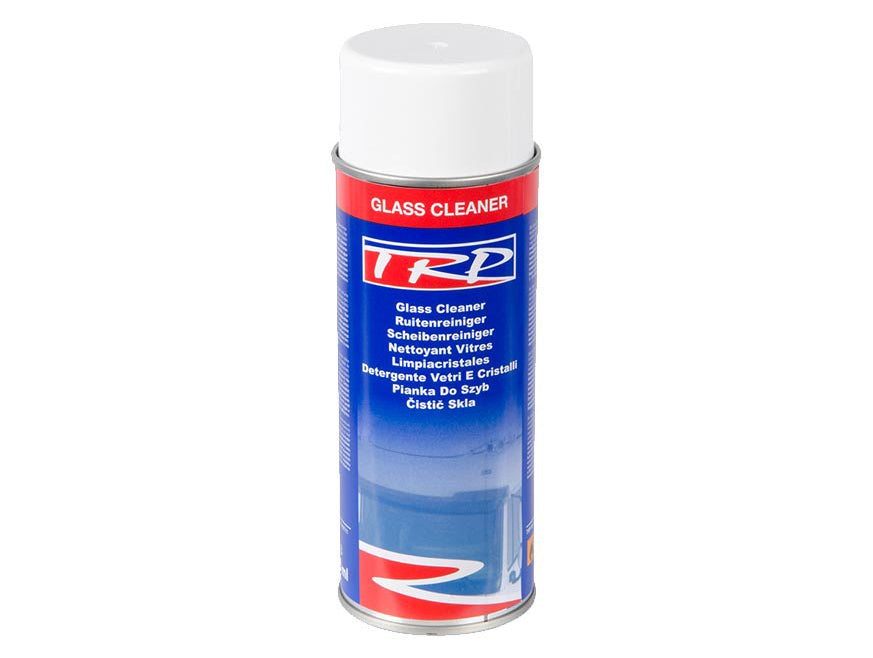 The TRP Glass Cleaner comes in a red, blue, and white aerosol can with a white cap, multilingual labeling, and the TRP logo for a professional-grade clean and streak-free shine.