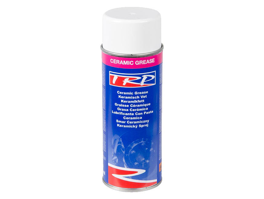 A can of TRP Ceramic Grease with a white cap and a blue, red, and pink label provides high-temperature, corrosion-resistant protection with a durable barrier; product information is displayed in multiple languages.