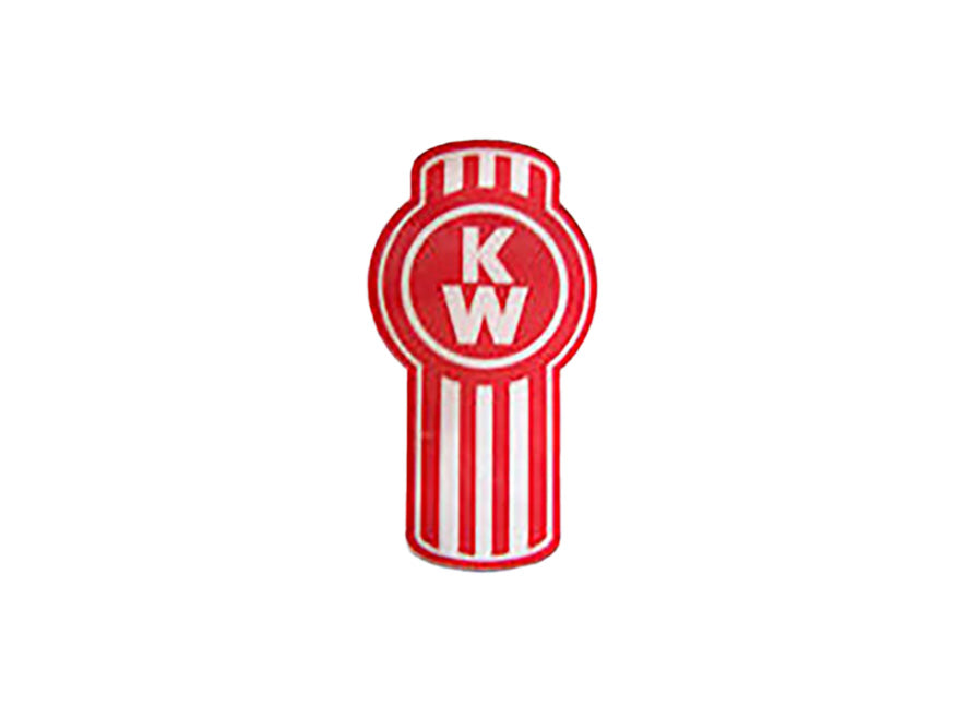 The KENWORTH Bug Sticker Small features the iconic red and white logo with “K” and “W” in a circle, vertical stripes below, and a rounded top—perfect for use as a small Kenworth decal.