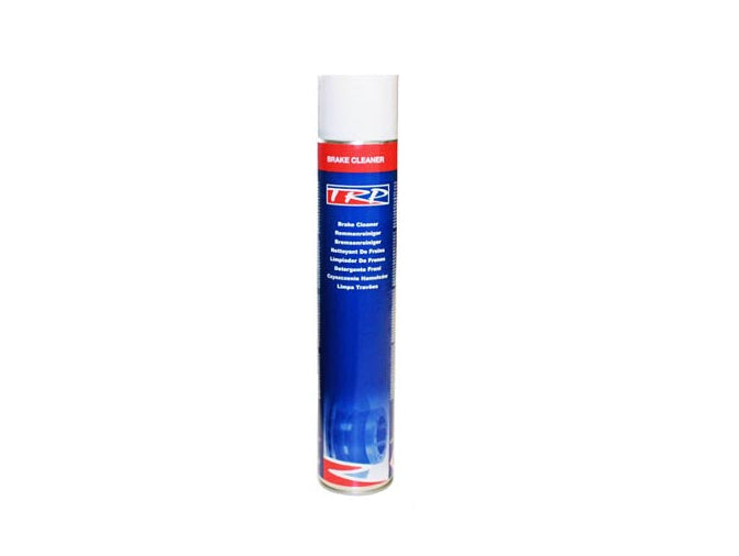 A tall aerosol can of BRAKE CLEAN TRP 750ML stands upright on a plain white background, featuring a white cap, blue label with red accents and the TRP logo. This powerful spray is designed for effective grease removal.