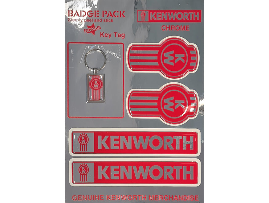 The DECAL KW SET CHROME LEGACY includes classic Kenworth graphics in red and white on stickers and a key tag, all branded with the Kenworth logo and "GENUINE KENWORTH MERCHANDISE" packaging.