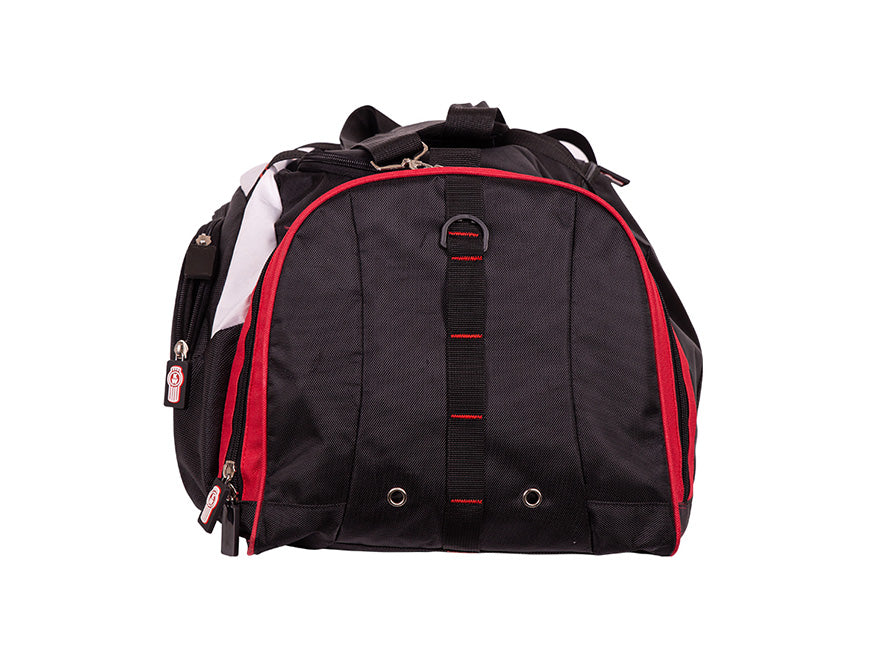 The BAG KW SPORTS is a black 57L sports bag with red and white accents, front-facing, featuring a top handle, zippers, and two metal grommets near the bottom. Its sturdy design makes it ideal for travel or athletic use.