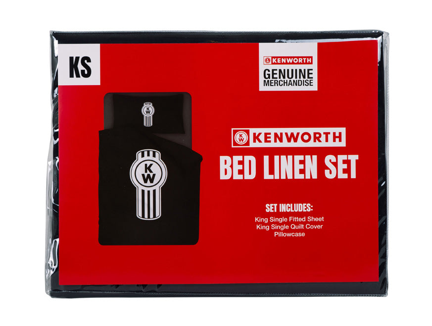 The DUVET COVER SET KING SINGLE comes packaged and labeled for King Single size, showcasing a bold red and black Kenworth design. It includes a 100% cotton fitted sheet, quilt cover, and pillowcase.