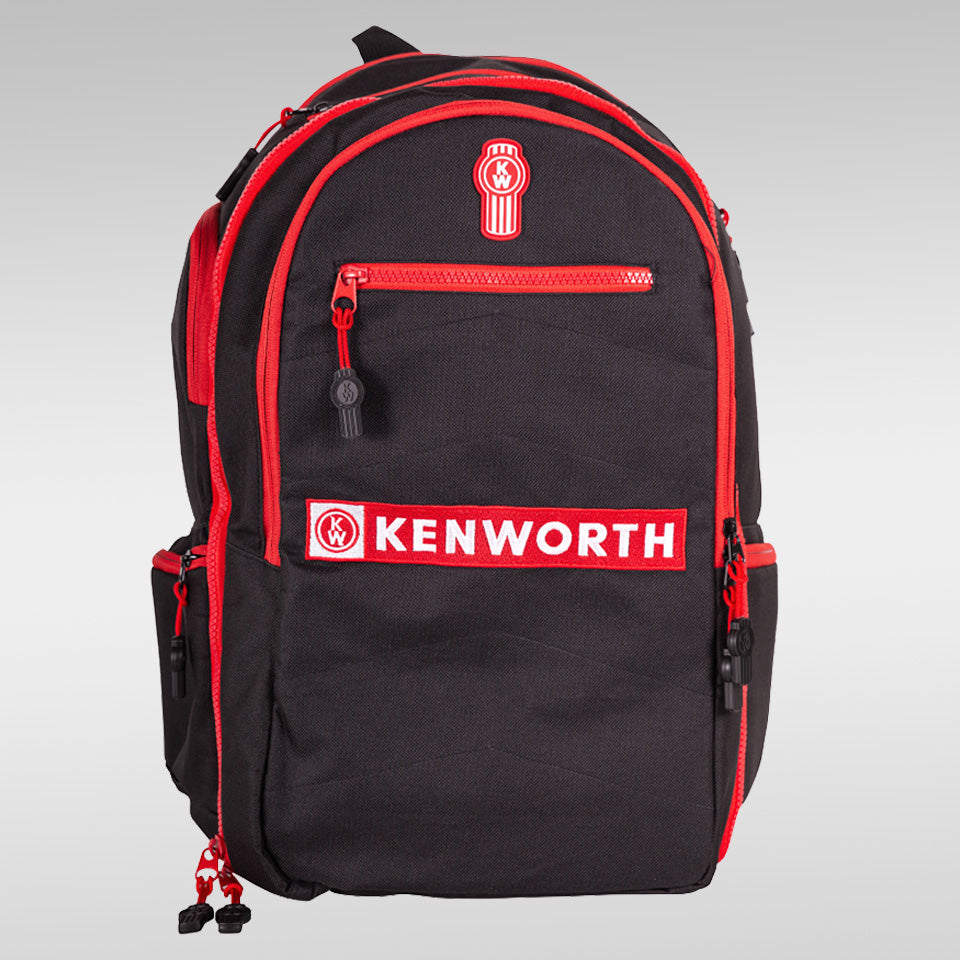 The BACKPACK KW is a black Kenworth backpack with red zippers and accents, featuring the Kenworth logo and name in white and red on the front pocket. Shown on a plain light gray background, it’s perfect for organizing your daily essentials.