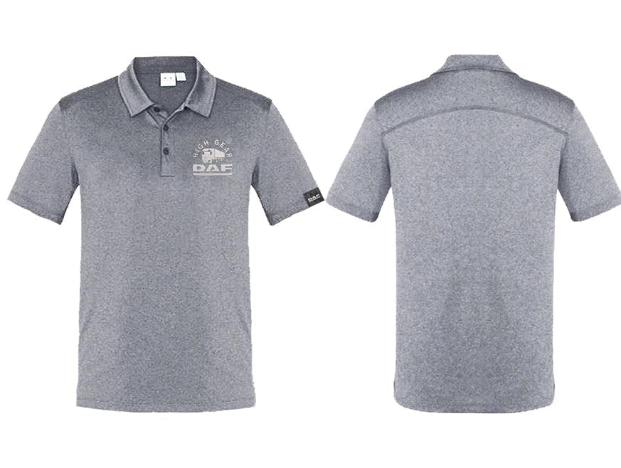 The POLO SHIRT DAF HIGH GEAR is shown in grey from the front and back, featuring breathable cotton-feel micro polyester, a small DAF logo with truck graphic on the left chest, plus a classic collar and button placket.