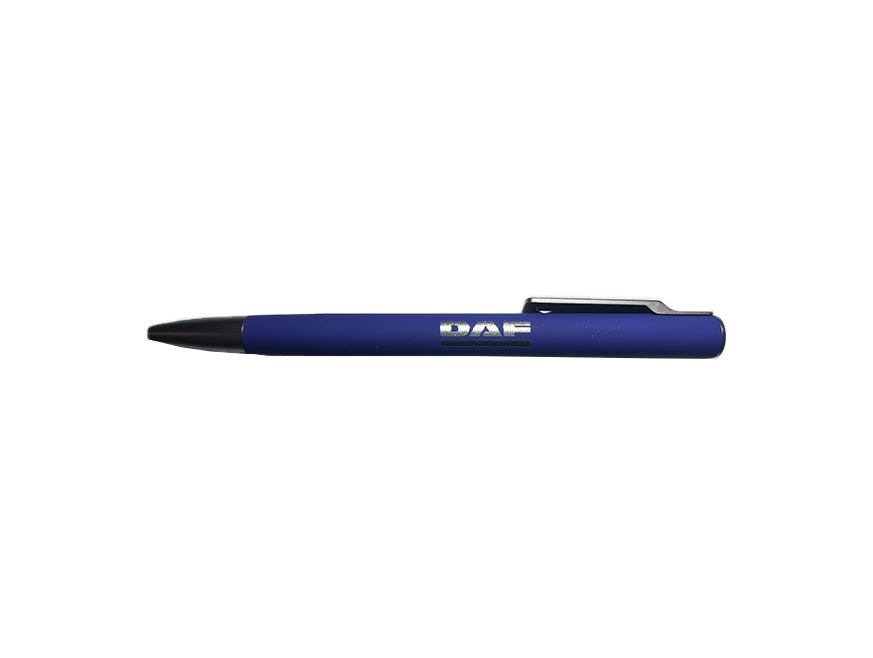 The PEN DAF BLUE is an eco-friendly blue pen with a black tip and silver clip, featuring "DAF" in silver on the side. Displayed on a white background, it’s perfect for professional writing.