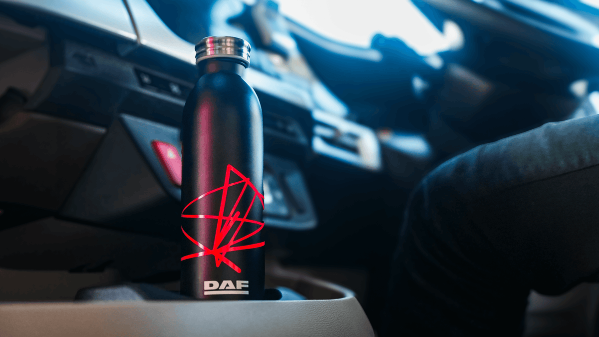 DAF NGD drink bottle in a truck cab, close-up