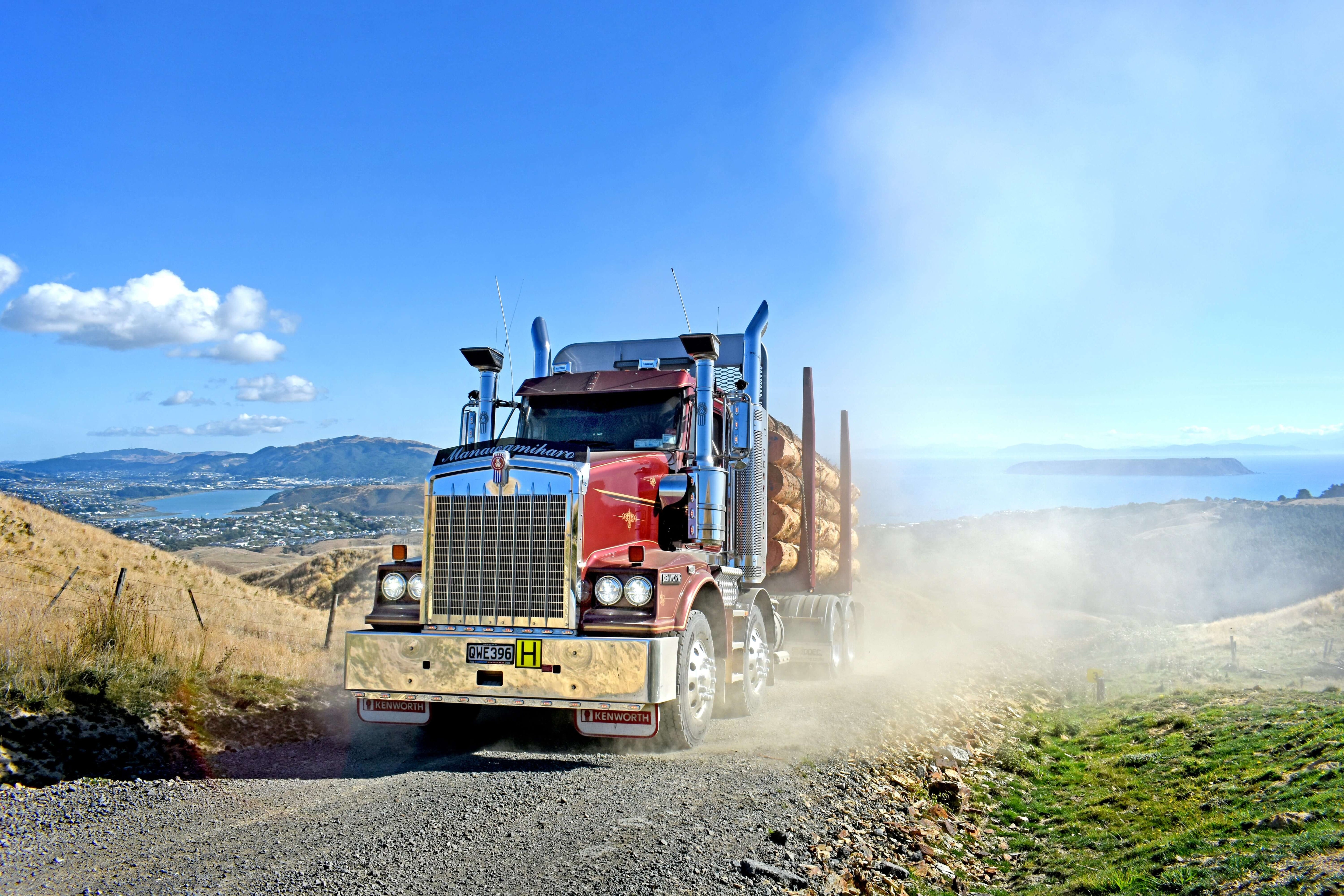 A red and blue logging truck drives on a dusty gravel road through hilly countryside, carrying large logs. In the background are mountains, a town, and a body of water under a blue sky with scattered clouds.