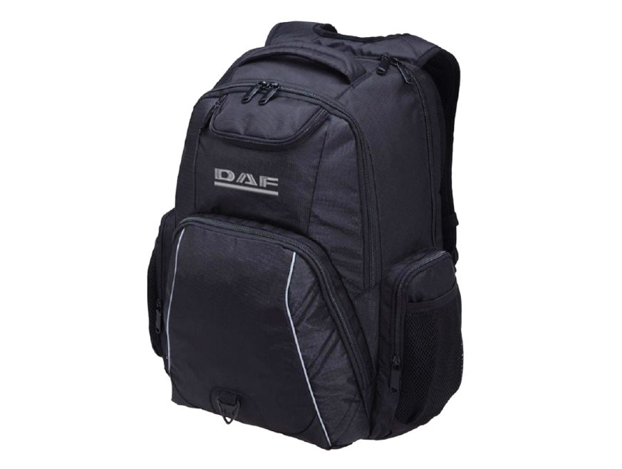 The BACKPACK DAF features multiple zippered compartments, side mesh pockets, and a DAF logo on the front. Made from durable fabric, this practical black school backpack is displayed against a white background.