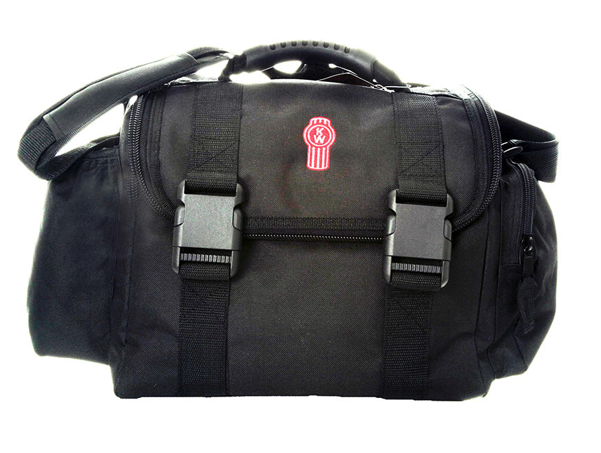 The BAG KW COOLER is a black cooler bag with a shoulder strap, two front buckle closures, anti-slip grips, and a red-and-white embroidered logo on the front, shown against a white background.