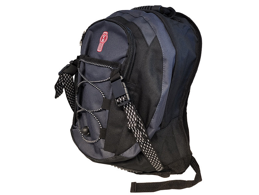 The BACKPACK KW is a grey and black outdoor backpack with multiple compartments, zippered pockets, front bungee cord, adjustable shoulder straps, and a subtle Kenworth bug logo, displayed on a white background.