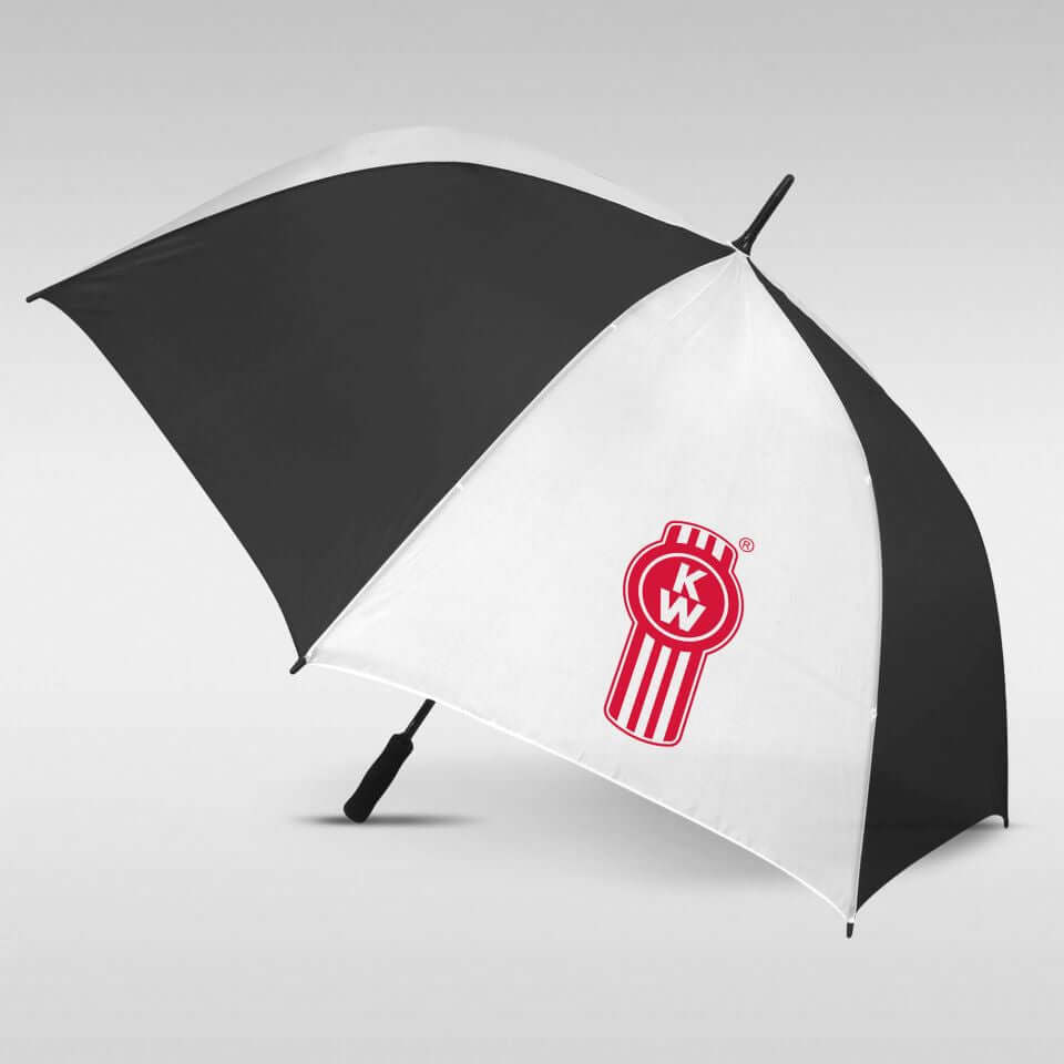 The UMBRELLA KW THE BEAST is a black and white wind-resistant umbrella with alternating panels and a red Kenworth KW bug logo on a white panel, shown on a light gray background.