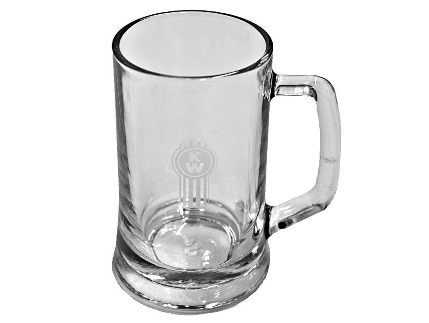 The GLASS KW BEER HANDLE is a sturdy glass beer mug with a thick base, solid handle, and subtle KW logo on its side. Empty and ideal for any home bar, it’s displayed against a plain white background.