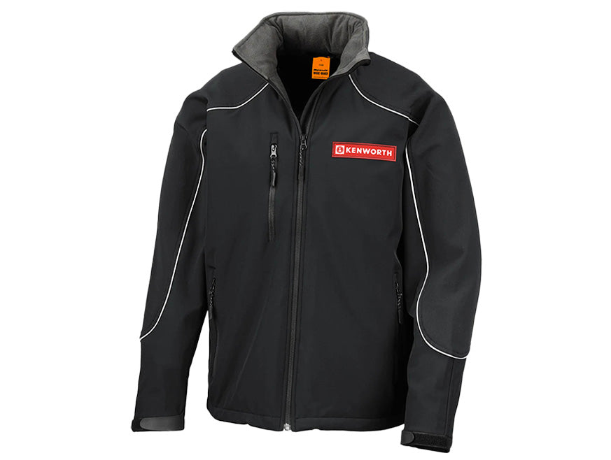The JACKET KW ICE FELL BLACK is a black waterproof softshell with white piping, a high collar, Velcro cuffs, chest and side pockets, and a red and white Kenworth logo on the left chest for style and protection.