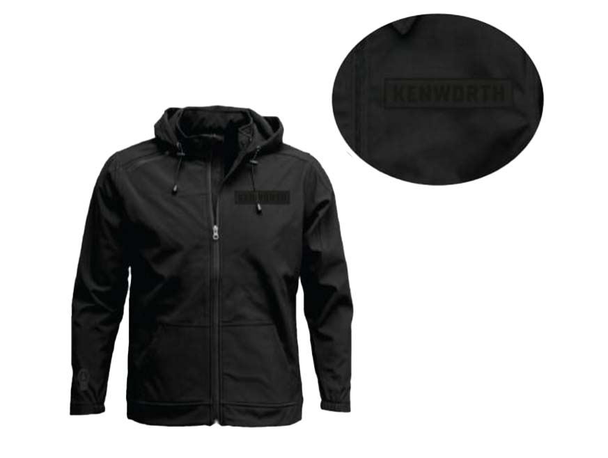 The JACKET KW DECOMPRESS is a black zip-up hooded Kenworth jacket with "KENWORTH" subtly printed in black on the left chest and an embossed logo detail shown in a close-up inset.