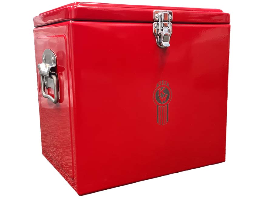 The COOLER KW VINTAGE is a large red metal Kenworth storage box with metal side handles, a silver front latch, and a KW emblem—perfect as a Kenworth Vintage Cooler Box for your collection.