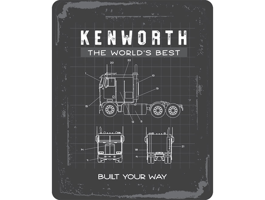 A vintage-style blueprint of a Kenworth K100 truck from side, front, and rear views on a distressed black background. SIGN KW GARAGE K100 BUILT reads "KENWORTH The World’s Best Built Your Way"—ideal trucking or garage wall art.