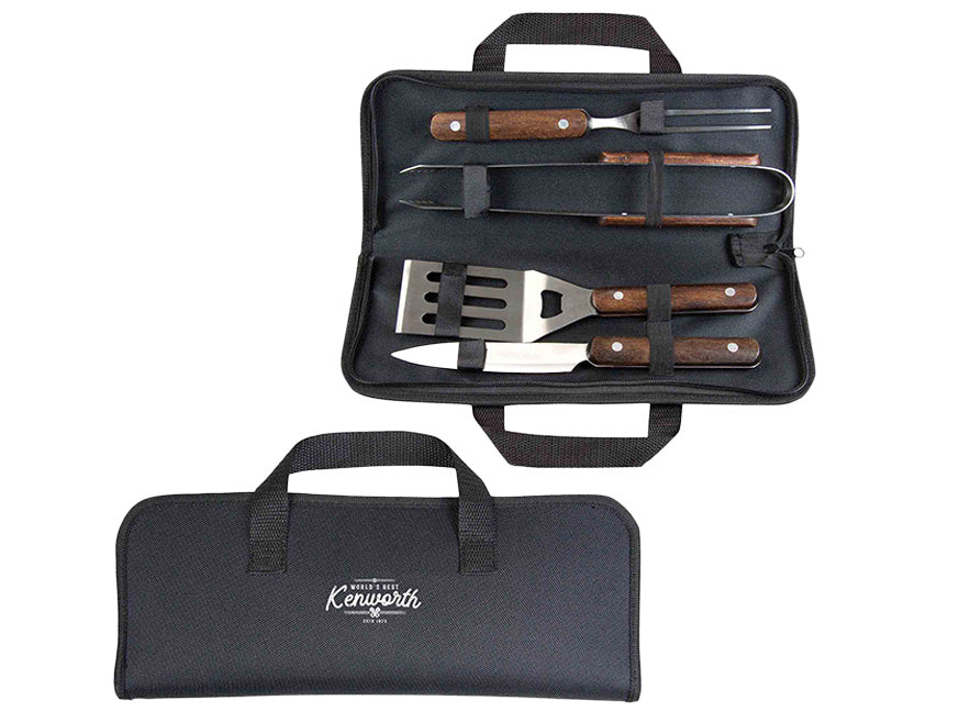 The BBQ SET KW includes a stainless steel tool set with wooden handles—spatula, tongs, fork, and knife—all in a black carrying case with handle and Kenworth branding. Ideal for outdoor cooking; shown open and closed.