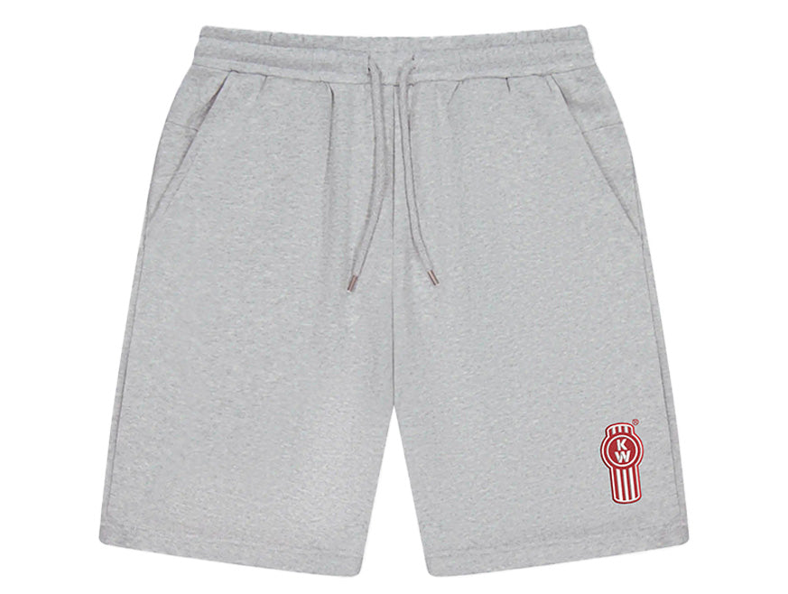 TRACK SHORT KW GREY: Light gray men's shorts with elastic waistband, drawstrings, side pockets, and a red circular KW logo on the lower left leg—comfortable training shorts inspired by classic Kenworth track style.