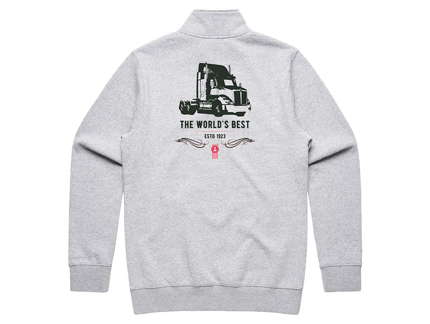 The SWEATSHIRT KW 1/4 ZIP GREY features a black semi-truck graphic and "THE WORLD’S BEST ESTD 1923" on the back, with red and black accents.