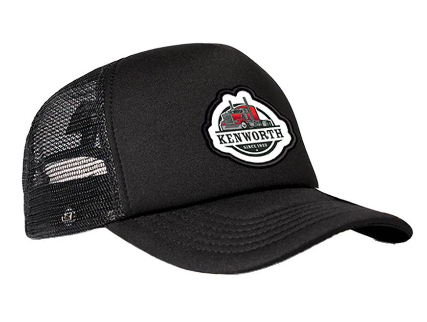 The CAP KW KIDS TRUCK is a black mesh trucker-style cap for kids, featuring a front patch with a red Kenworth truck and the text "Kenworth Since 1923.