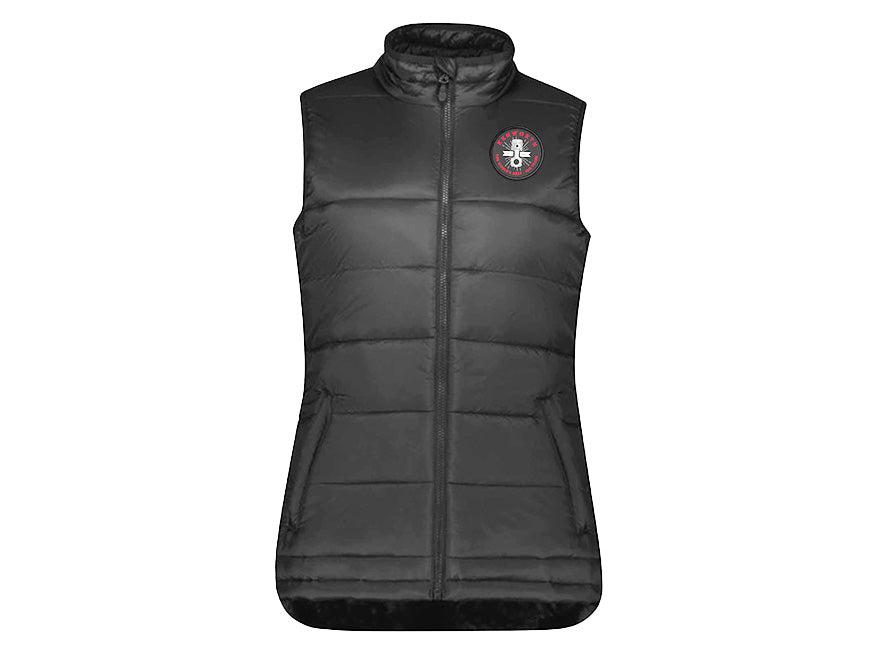 The VEST KW WOMENS WORLD is a sleeveless black alpine vest with a front zipper, high collar, and round patch logo on the left chest—ideal for stylish women’s outdoor wear.