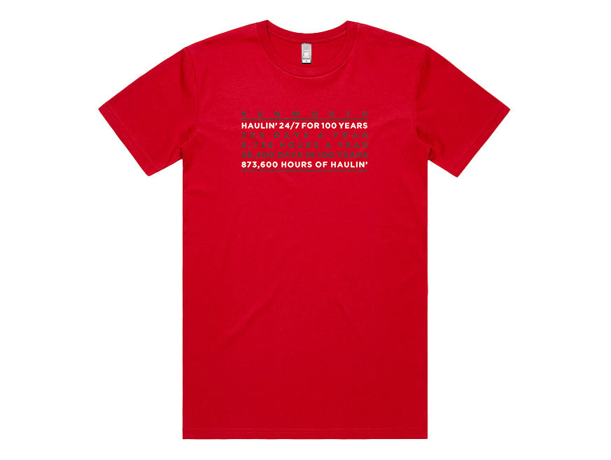 The TEE SHIRT KW HAULIN RED features a bold “Kenworth Haulin’ 24/7 for 100 years” white design, celebrating 873,600 hours and 10 decades of hauling—your perfect everyday Kenworth tee.