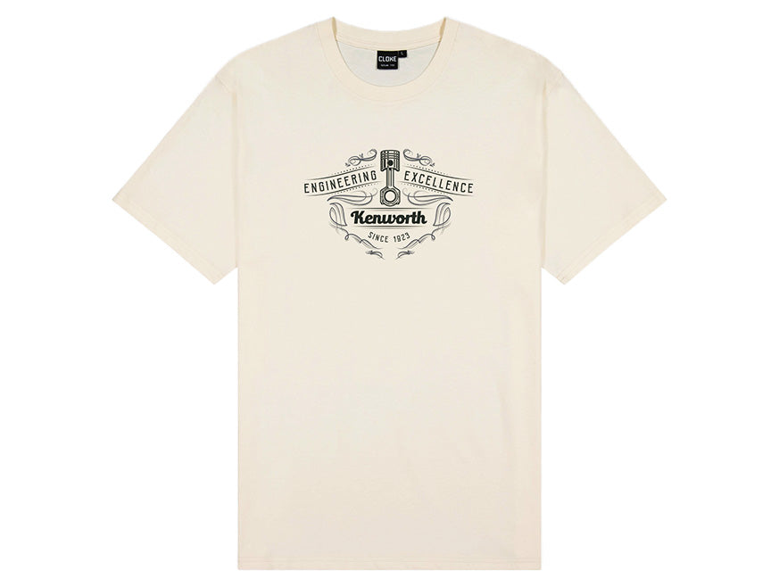 The TEE SHIRT KW EXCELLENCE is a comfortable everyday tee featuring a black graphic with "ENGINEERING EXCELLENCE," "Kenworth," and "Since 1923" on the chest, accented by decorative lines and shield elements.