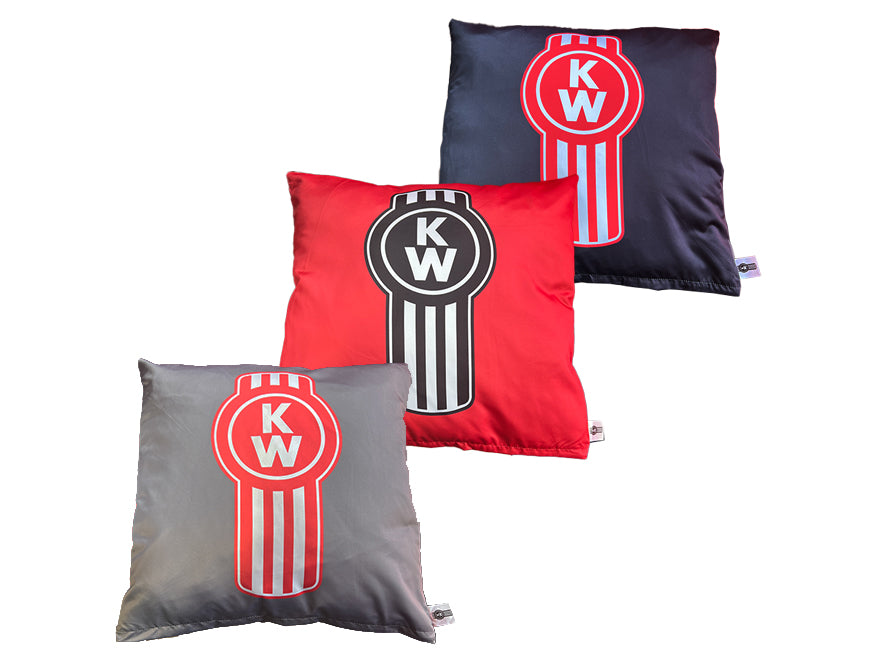 The CUSHION SET KW includes three square pillows in black, red, and gray, each featuring a bold stylized KW logo with vertical stripes—ideal truck cushions and perfect sleeper cab accessories for any rig.