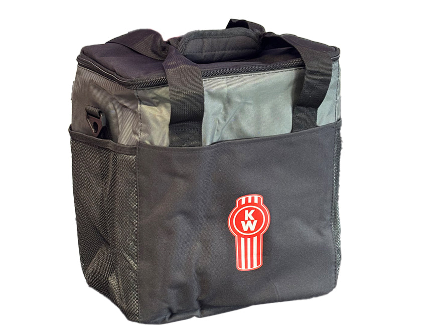The BAG COOLER KW is a black and gray insulated cooler bag with mesh side pockets, black handles, and a red circular Kenworth logo with white “K” and “W” on the front—ideal for use as a lunch cooler.