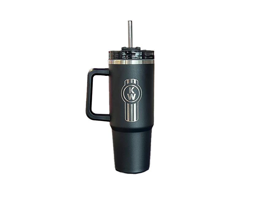 The Kenworth Travel Bottle 800ml is a black tumbler with a handle, metal straw, and clear lid. It features a circular KW logo on the front and is shown against a white background.