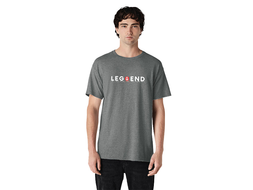 A young man with wavy dark hair wears a gray TEE SHIRT KW LEGEND, featuring bold lion and dragon symbols replacing the “E” and “D” in “Legend.” The unique design gives the shirt a truck-inspired edge on a white background.