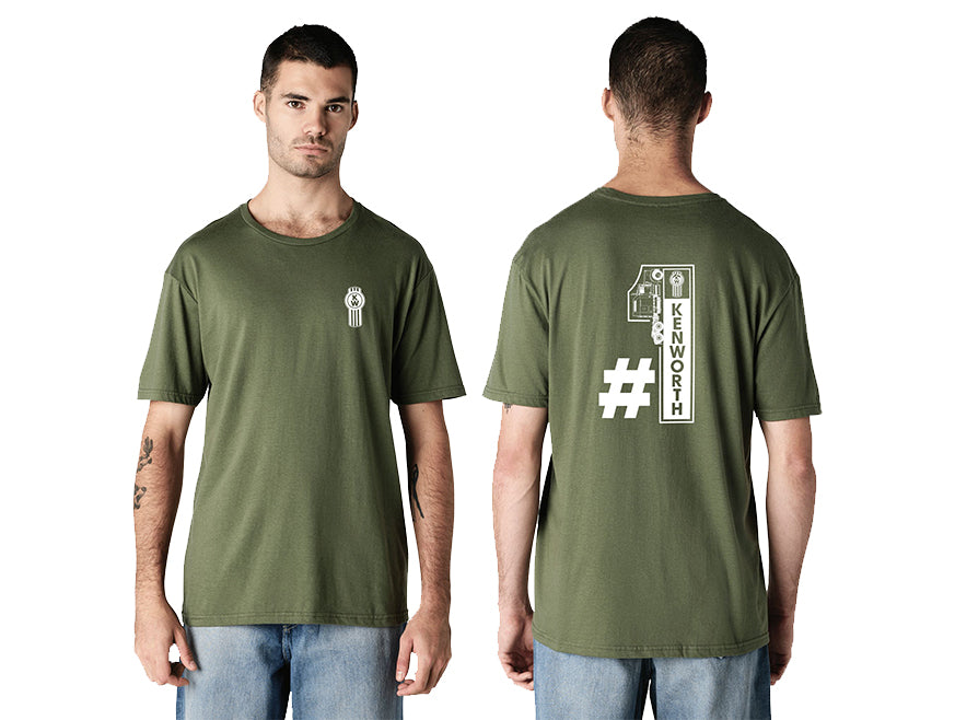 A man models the TEE SHIRT KW NO1 GREEN—an olive tee with a small circular Kenworth logo on the chest and a bold KENWORTH hashtag graphic on the back, shown from both front and back.