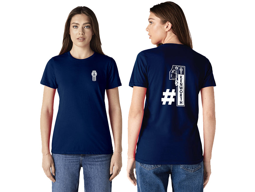 Two women model the TEE SHIRT KW NO 1 NAVY in a classic fit. It features a small white Kenworth logo on the left chest and a large #1 Kenworth graphic on the back. Both front and back of the shirt are shown.