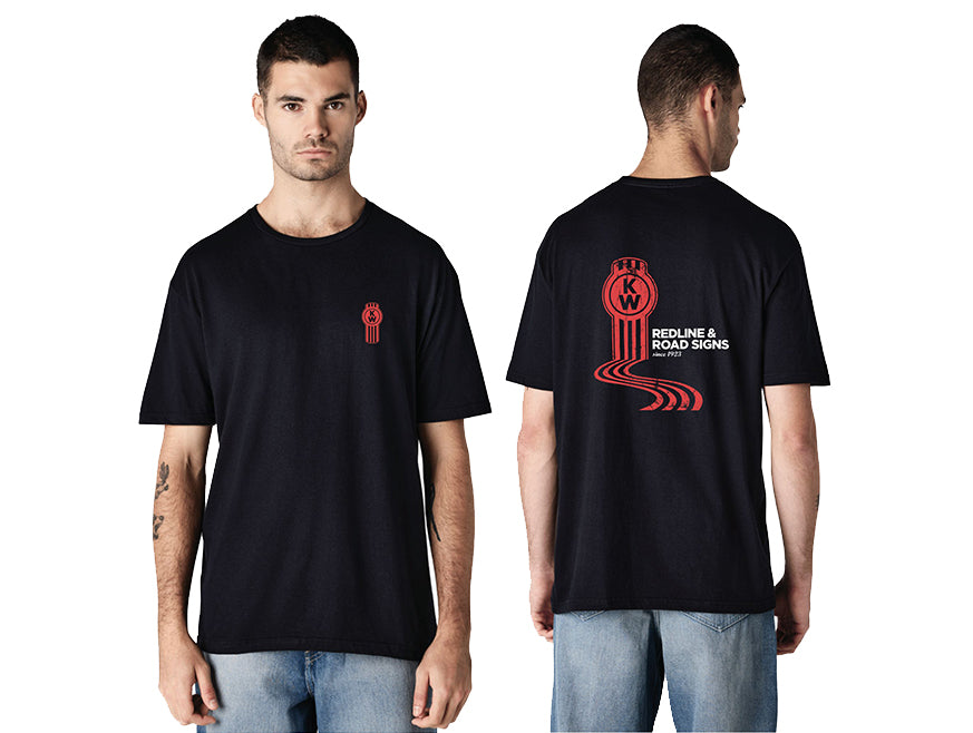 Man wearing a 2XL KW Redline tee with a small red circular logo on the front left chest and a large back graphic featuring road signs and a winding road.