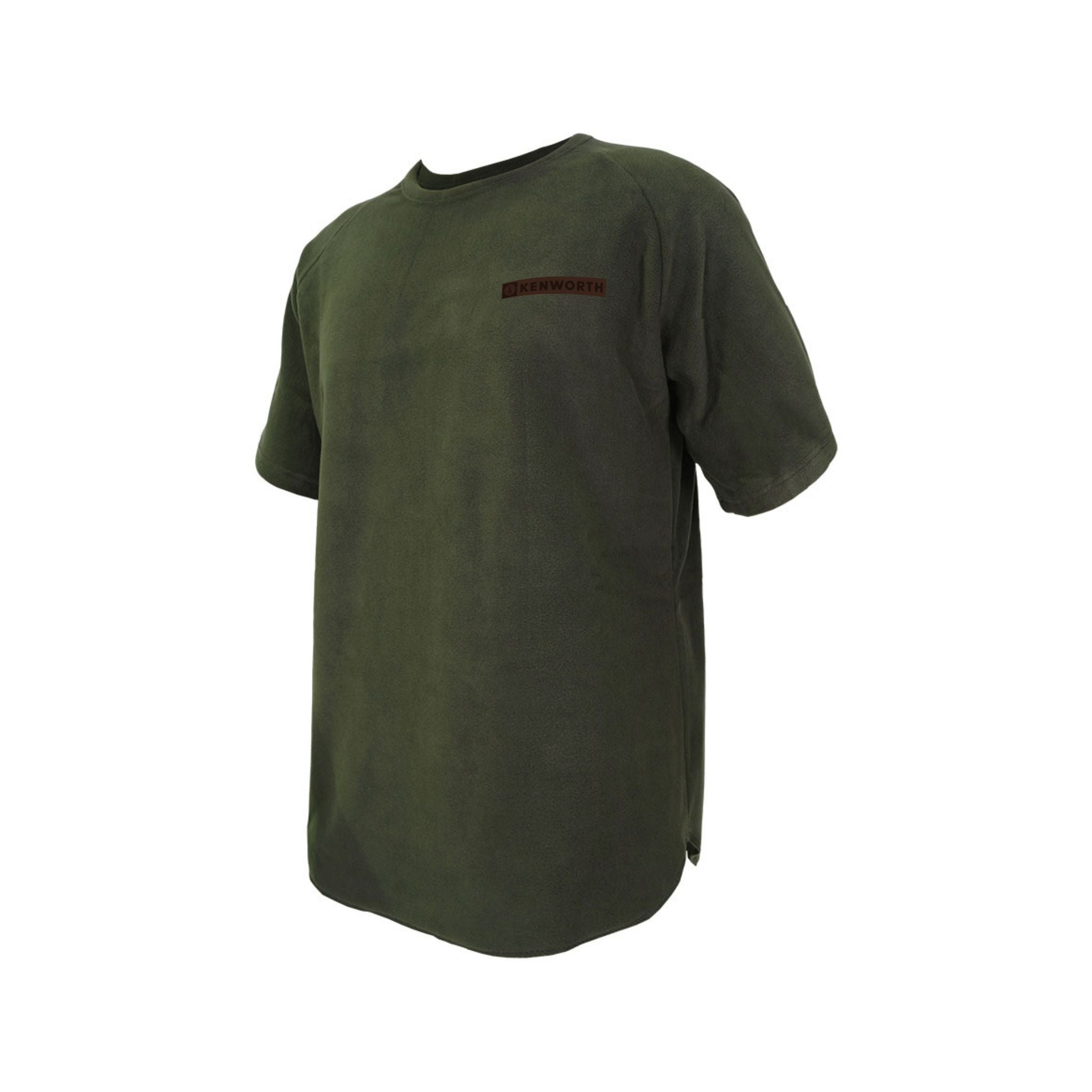 The SHIRT BUSH KW SHORT is a plain dark green short-sleeve T-shirt featuring "KENWORTH" in red on the left chest, designed for outdoor wear and shown on a white background.