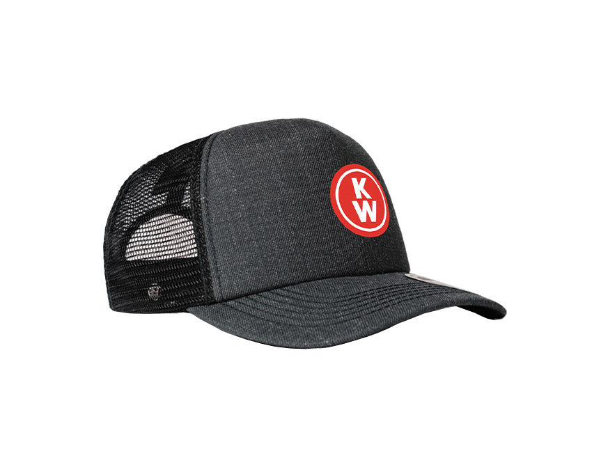 The CAP KW TRUCKER VINTAGE CHARCOA is a black mesh back trucker cap with a dark front panel, a red circular logo with white K W letters, curved brim, and side ventilation—an ideal everyday accessory.