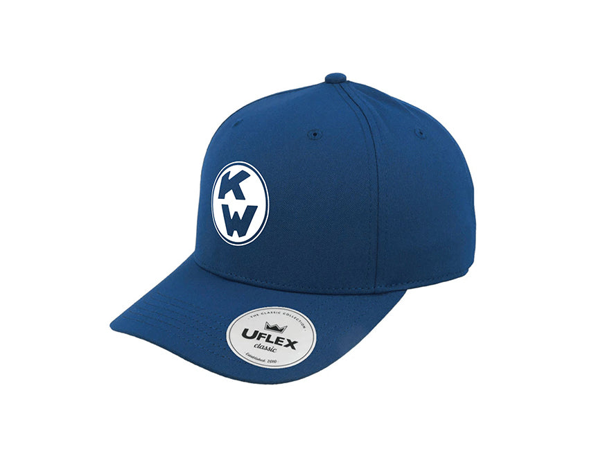 The CAP KW VINTAGE BLUE is a royal blue Kenworth cap with a circular white patch featuring bold blue KW letters on the front and a UFLEX Classic sticker on the brim.