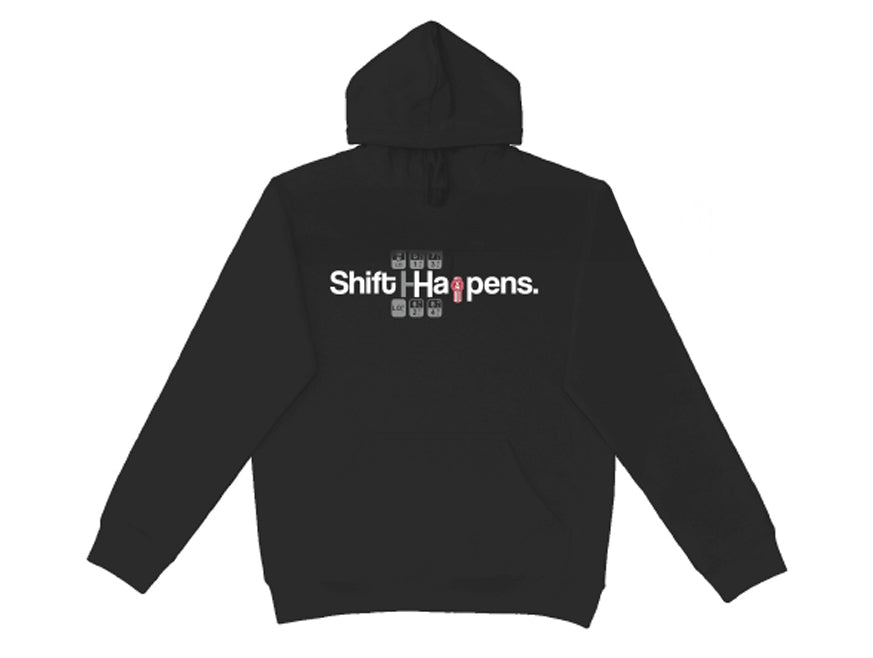 The HOODIE KW SHIFT HAPPENS is a comfortable black Kenworth hoodie with "Shift Happens." on the back, featuring keyboard key icons for Shift and the 'i' in Happens, plus a red exclamation point at the end.