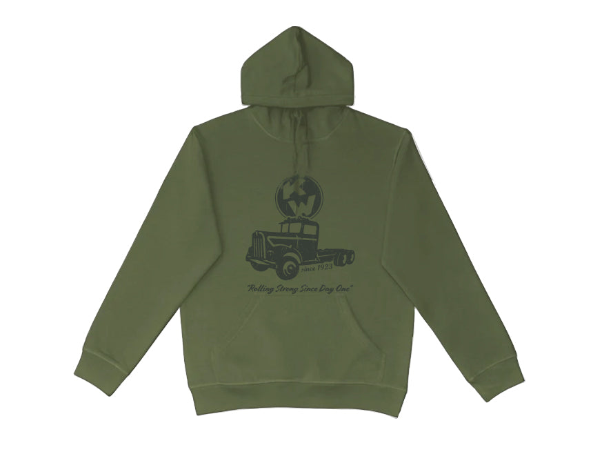 The HOODIE KW ROLLING features a military green color, a vintage truck graphic with a round logo above, and “Rolling Strong Since Day One” below—ideal for anyone who loves a rugged style.