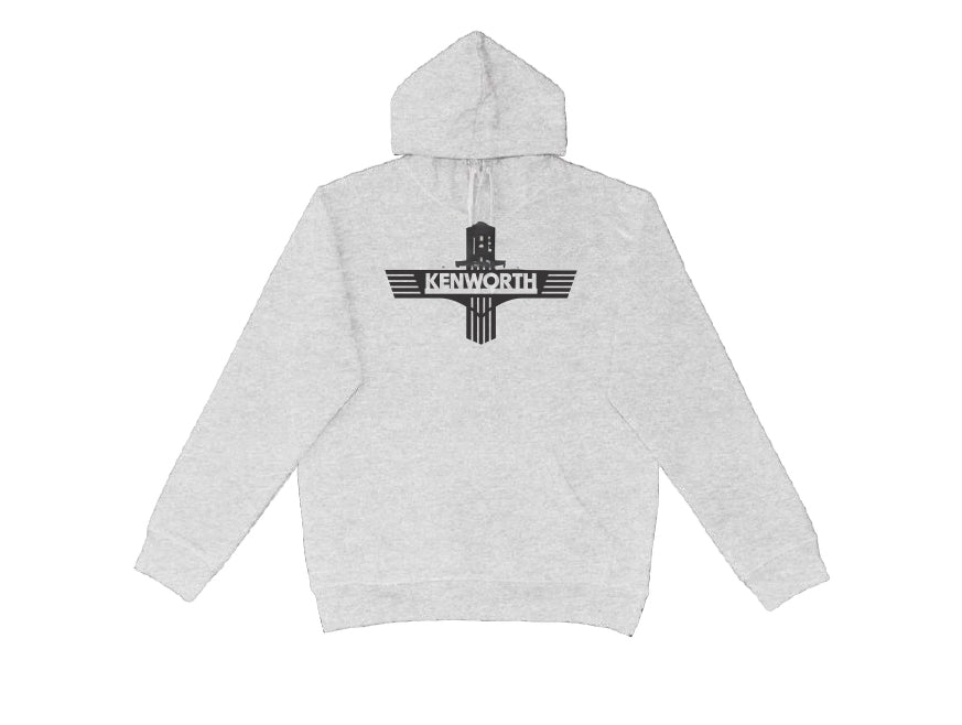 The HOODIE KW T BAR features a light grey marle color with a bold black Kenworth logo and stylized T-Bar design lines. Laid flat on a white background, this sweatshirt highlights its modern look.