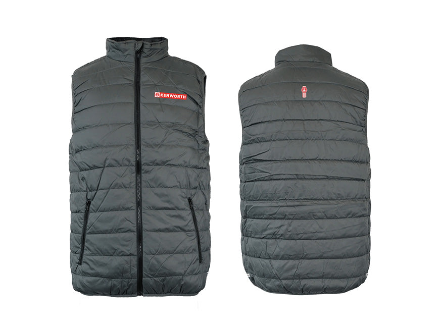 The VEST KW PUFFER BANNER is a gray lightweight Kenworth puffer vest with a zipper front and red Kenworth logo on the left chest, plus a small red emblem near the back collar. Front and back views shown.